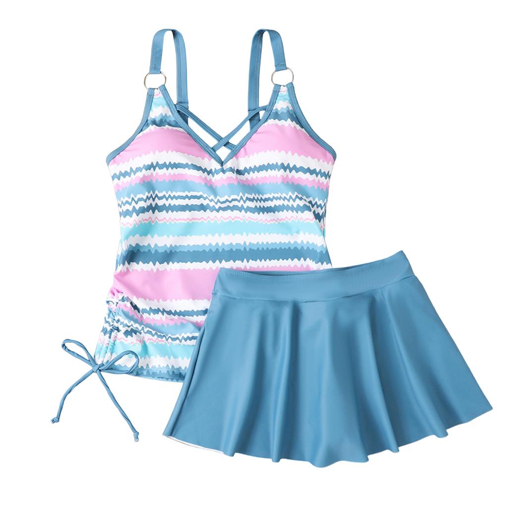 Women Two Piece Tankini Swimsuit Floral Print Skirted Bottom with Built In Bra Non Wired Support Adjustable Straps