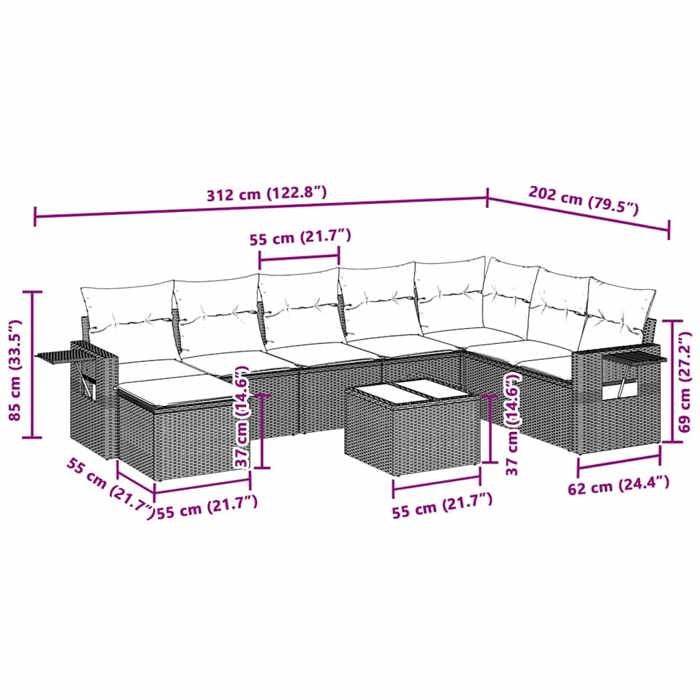 VidaXL Salon de Jardin avec Coussins 9 pcs, Canapés de Terrasse, Ensemble de Meubles de Patio, Mobilier d'Extérieur, Gris 3220571