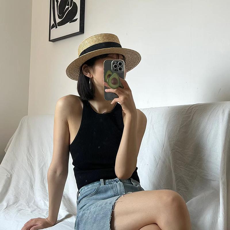 New French flat-top straw hat, women's straw straw grass flat-brimmed top hat, summer sunshade and sun protection, small face adjustable hat