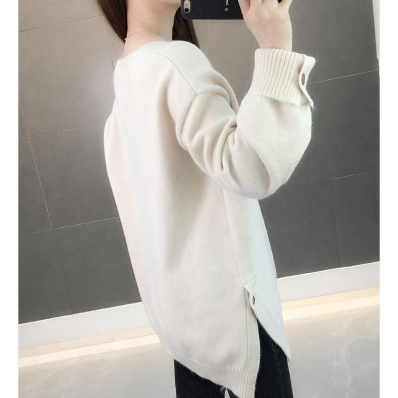 Autumn and Winter Women's V-neck Knitted Sweater Loose Button Solid Color Sweater for Women