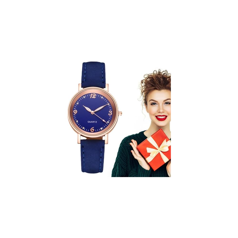Women's Leather Watch Gold Round Dial Rhinestone Decoration Easy-to-Read Face Leather Strap