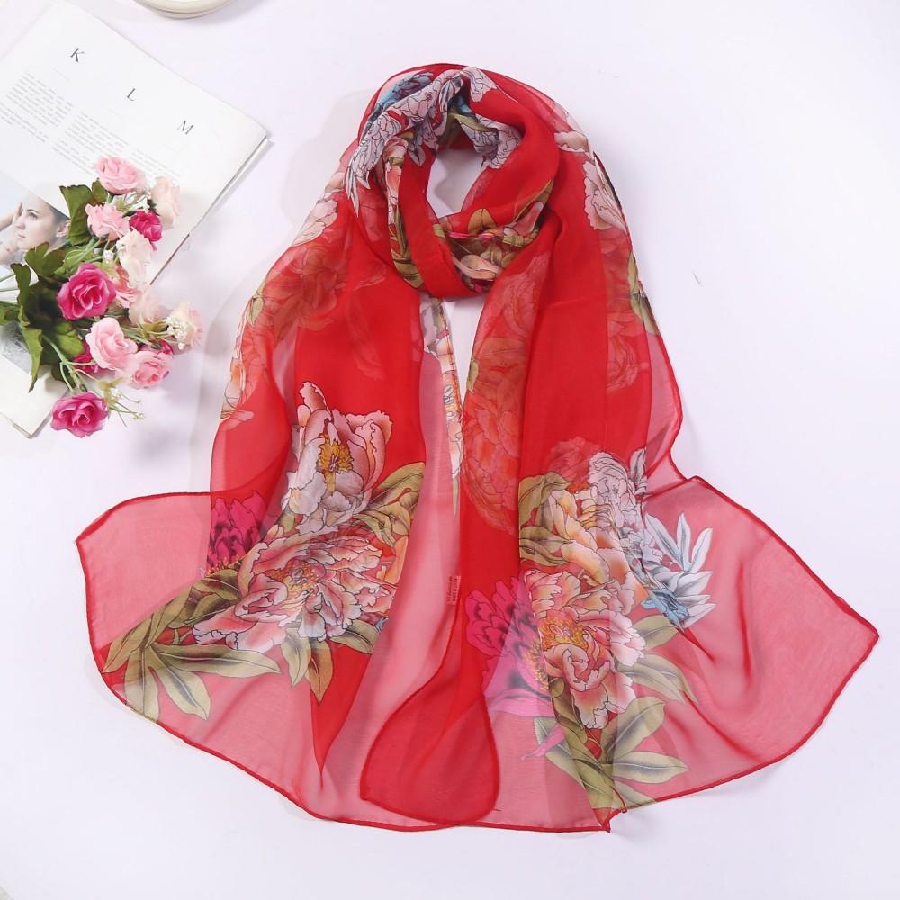 Floral Chiffon Scarf for Women - Lily & Peony Print, 160cm Lightweight Shawl, Elegant Beach Wrap, Boho Headscarf & Hijab