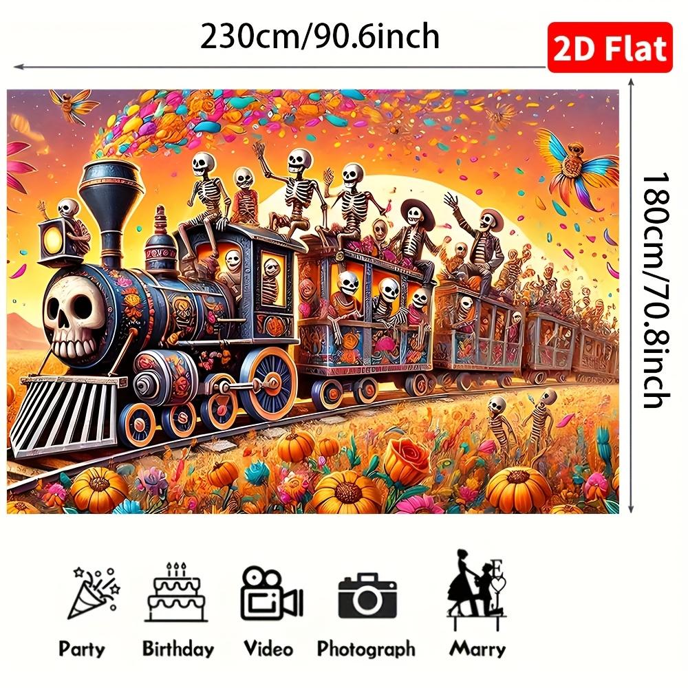 1 piece of 2D plane, Halloween - Skeleton Train, multi-functional decorative banner, indoor/outdoor decoration, room