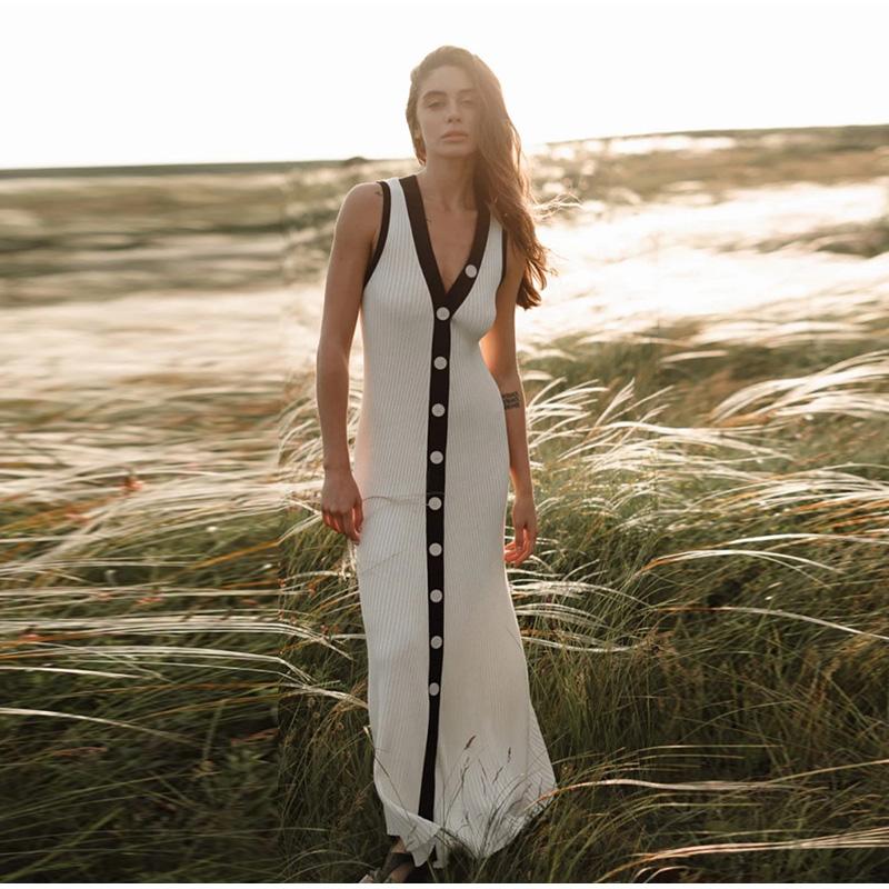 

Контрастное трикотажное длинное платье для женщин без рукавов с V-образным вырезом, облегающее платье в стиле хип-хоп, повседневное однобортное элегантное женское платье L