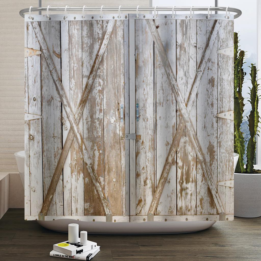Retro Wood Door Shower Curtain Farmhouse Country Vintage Farm Barn Wooden Waterproof Polyester Shower Curtain for Bathroom Decor