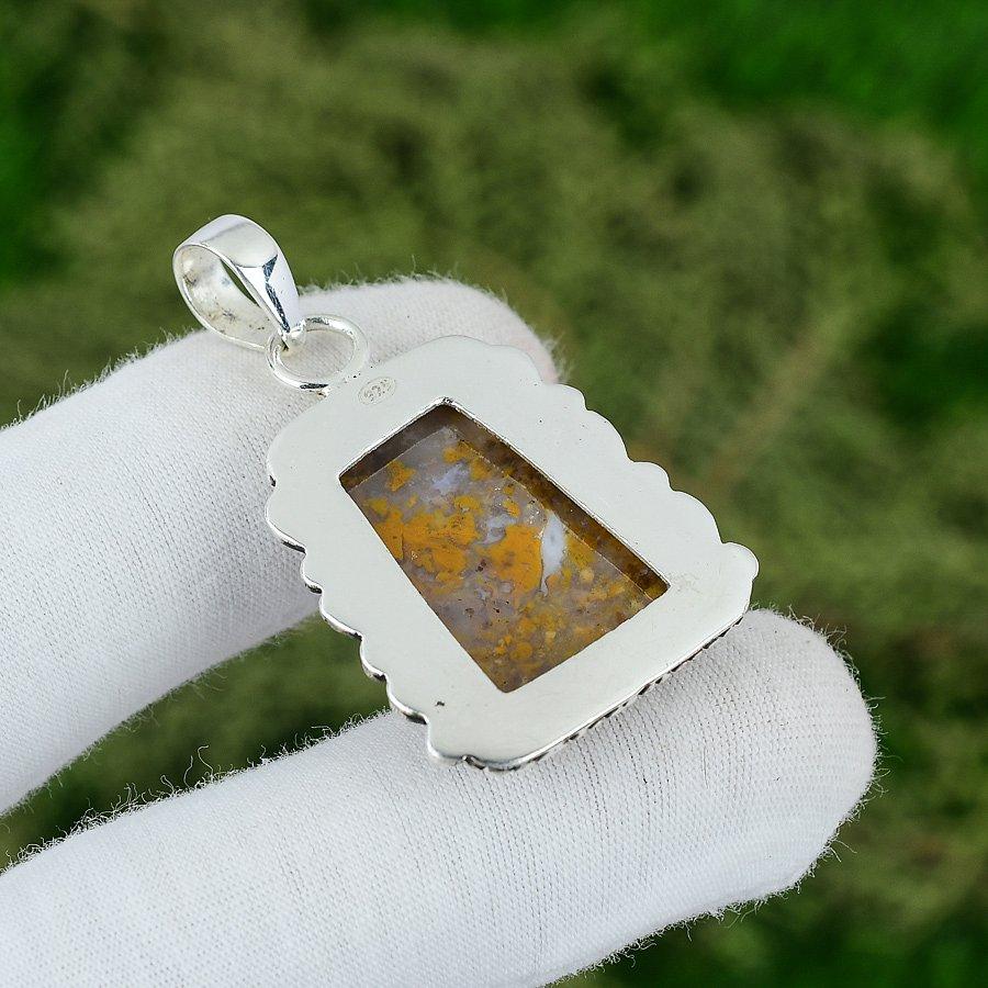 Natural Polka Dot Agate Gemstone Pendant Yellow 925 Sterling Silver Jewelry