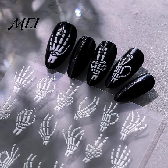 Nail Decor Sticker Halloween 3D Embossed Stickers, Skeleton Hand Pumpkin Spider Bat Art Decals, Gothic Manicure Decoration Decals for Holiday