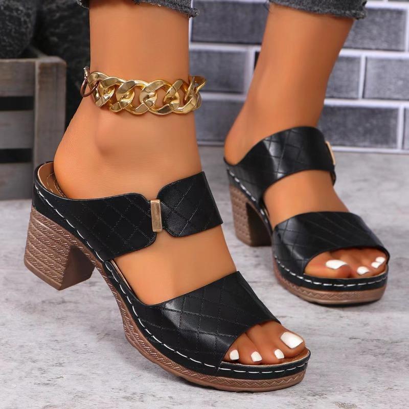 

Spring and summer new high-heeled slippers women s fashion trend round head cool slippers large size women s shoes 36 чёрный