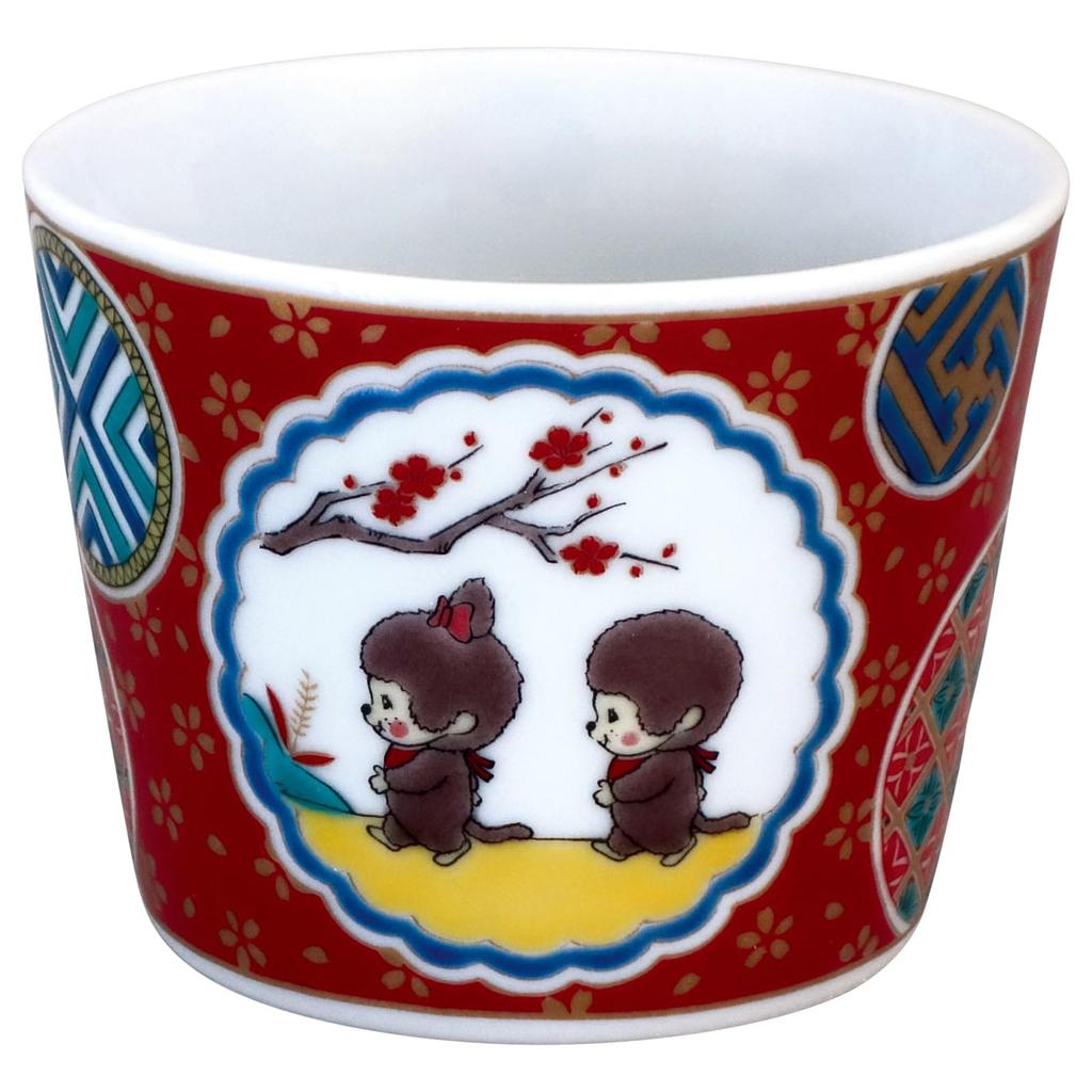 Kutani ware soba choko sake approximately 8cm in diameter and 7cm in with a gold and orchid Made in Product "Monchhichi" (sobriety cup), height,