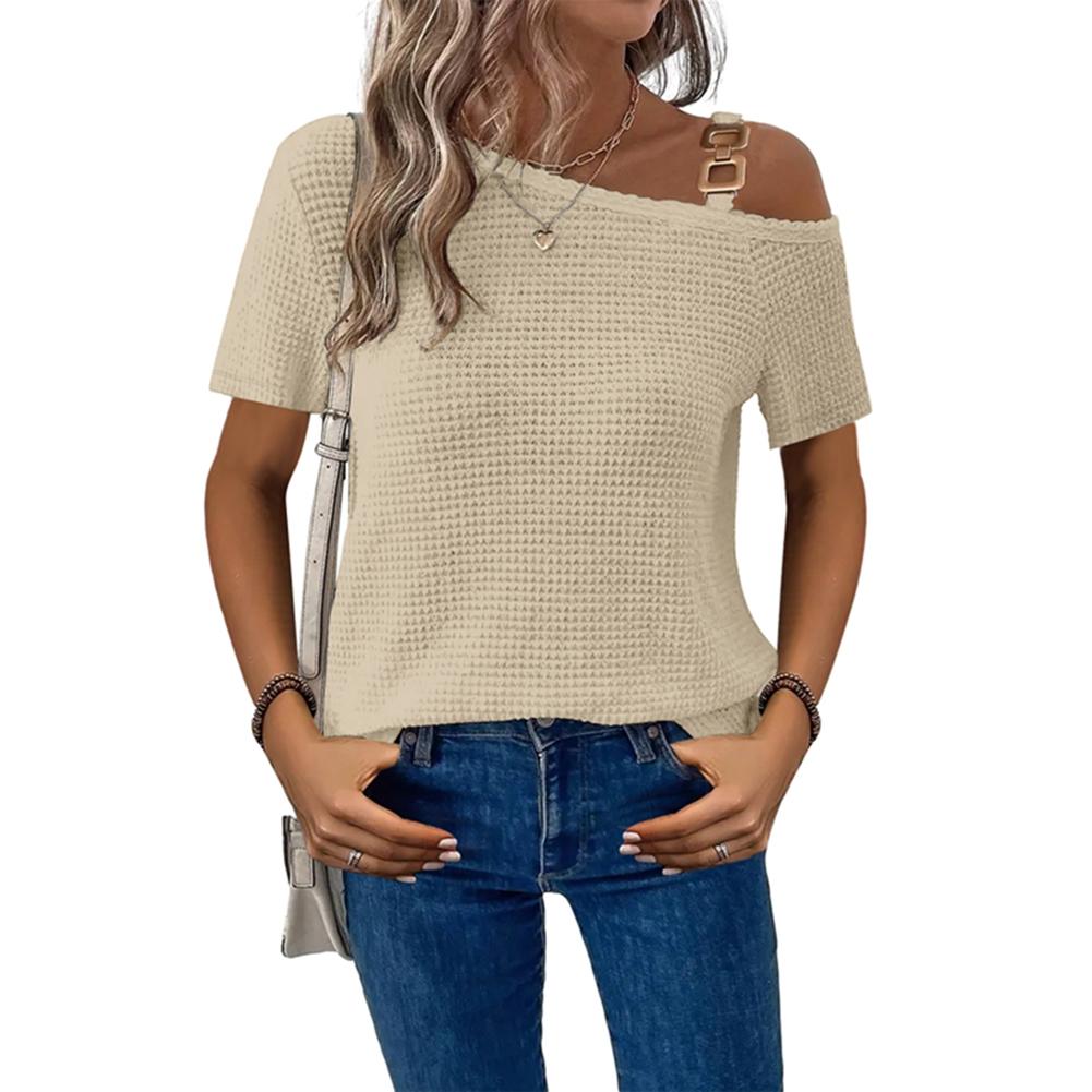 Women s Solid-Color Casual Breathable Top with Off-the-Shoulder Short Sleeves S
