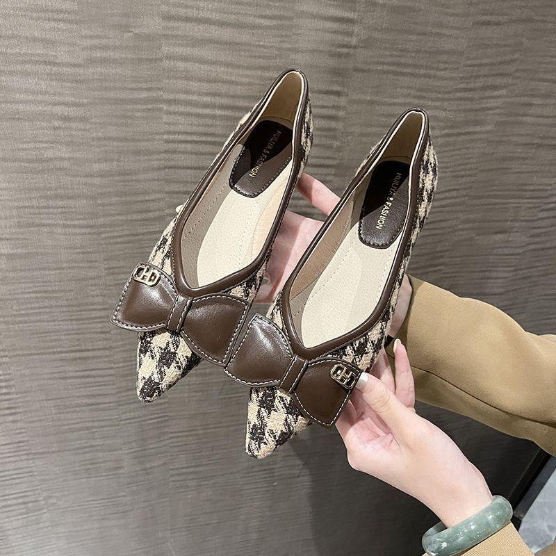 Single shoes women's pointed head flat bottom new thousand bird grid bow temperament lady shoes versatile soft sole ladyshoes