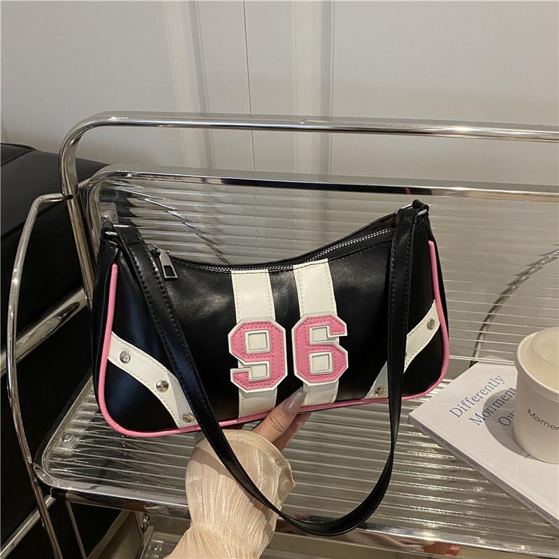 Y2K 96 Number Print Shoulder Bag, Retro Sporty Striped Hobo Purse, Casual Armpit Bag with Studded Detail for Streetwear & Daily