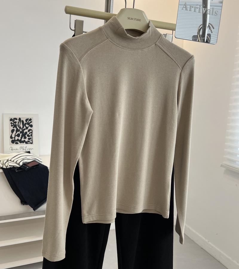 Korean-Style Double-Sided Oreo Fleece Half-Turtleneck Warm Base Layer Top for Women - Long-Sleeve Winter T-Shirt
