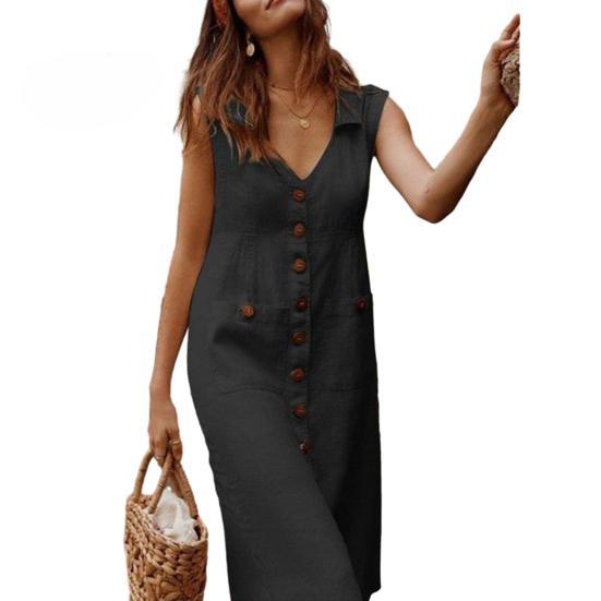 Sommer Damen Revers V-Ausschnitt Hemdkleid Ärmellos Einreihig Taschen Unifarben Midi Kleid Streetwear