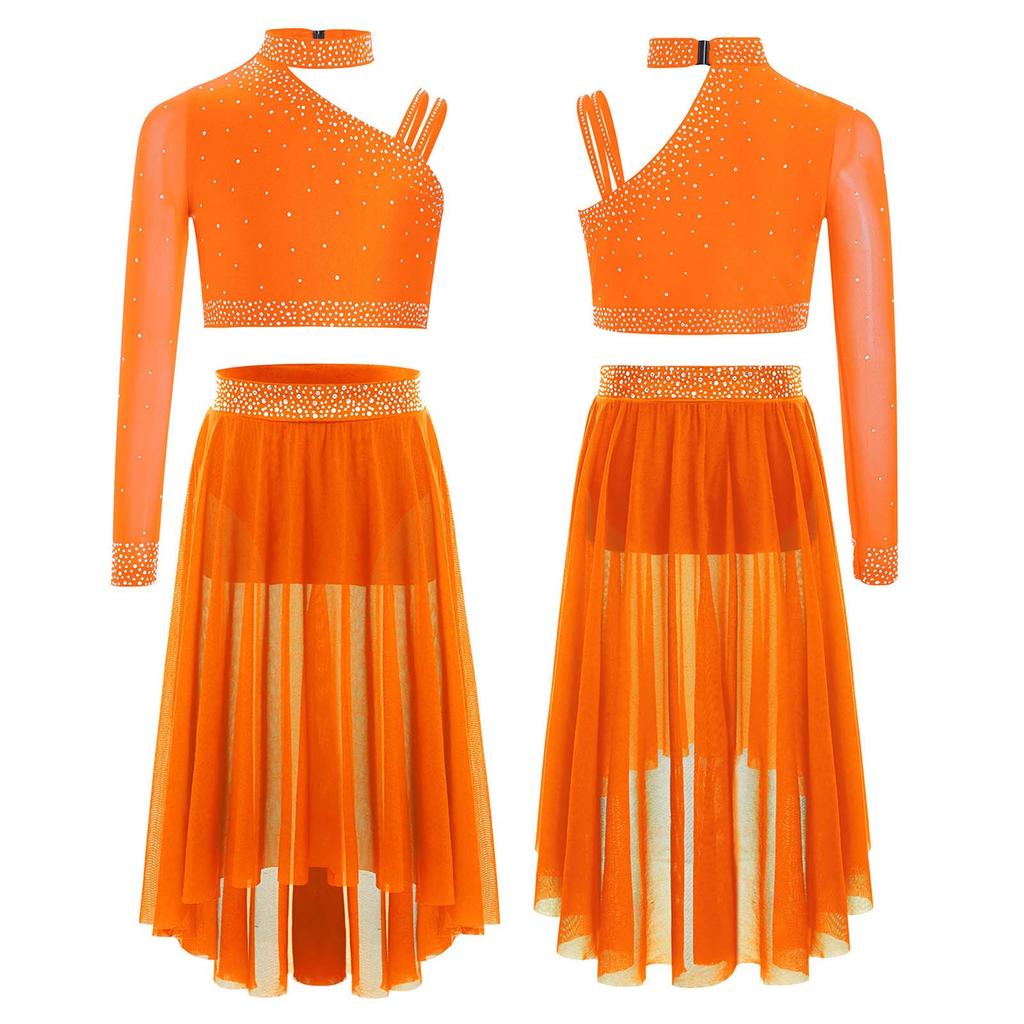 Complete Lyrical Performance Outfit for Girls Unique Shoulder Design Crop Top & Flowy Irregular Hem Mesh Skirt Set