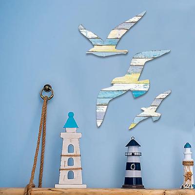 Gărgăritură de perete cu pescăruș mediteranean pe stoc - Ornament de plajă din lemn în stil marin
