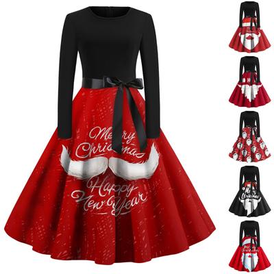 Women's Christmas Casual Fashion Round Neck Long Sleeve Printed Vintage Dresses