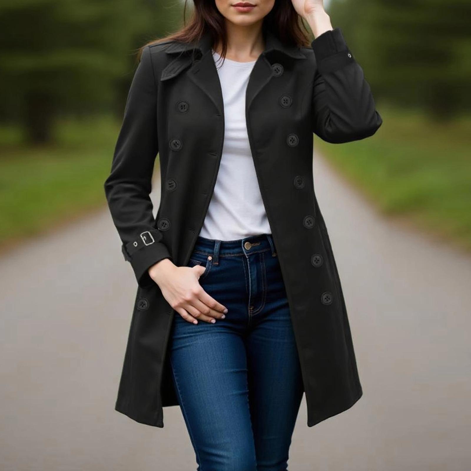 

Жіноче пальто двобортне довге елегантне вітрозахисне пальто верхній одяг осінь зима L чорний