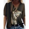 Women's V-neck Short-sleeved T-shirt with Cute Kitten Print