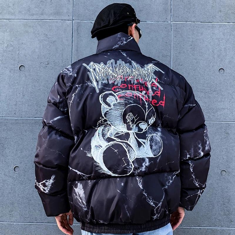 Hipster Winter Jacket Men Cartoon Bear Print Parka Men Hip Hop Streetwear Winter Thick Warm Jackets Coats Men Oversize M-XL