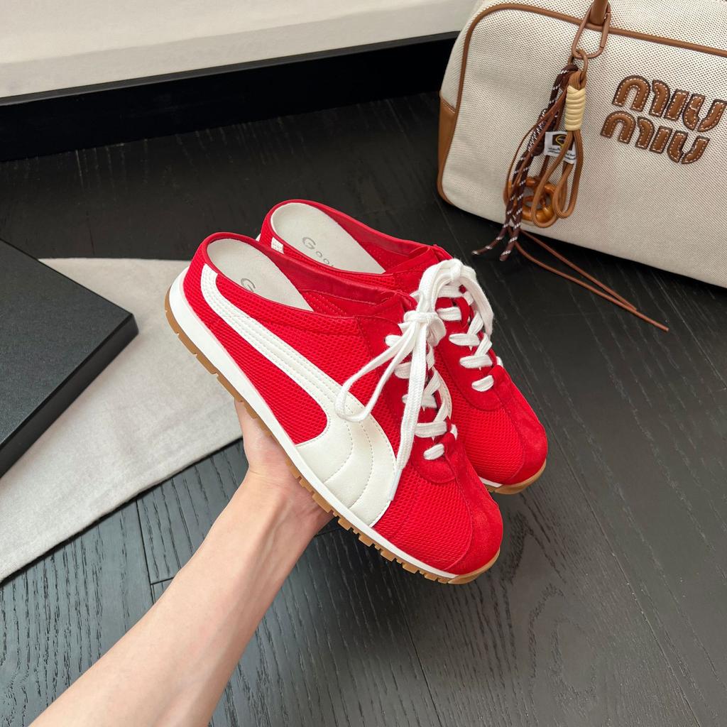 Retro inner height-increasing mesh bag head half slippers women's one-pedal lace-up board shoes