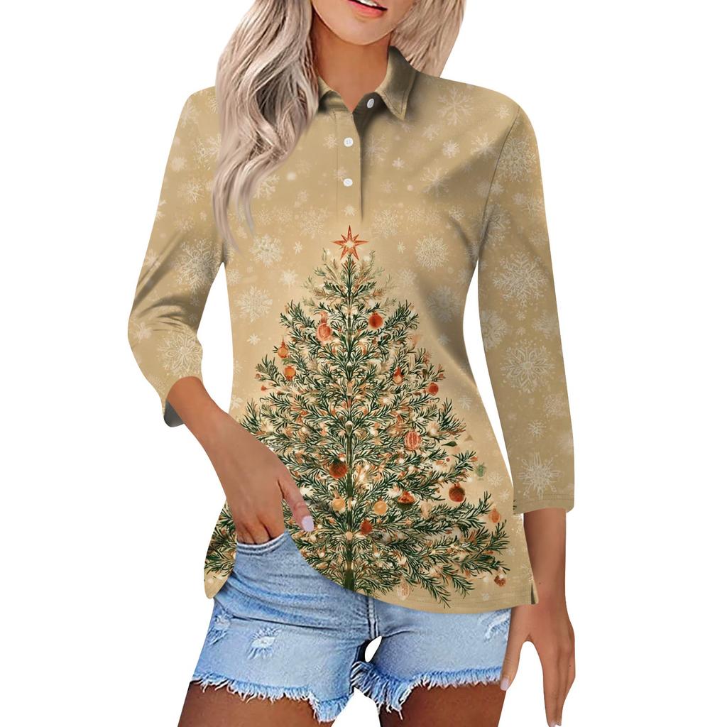 Women's Fashion Casual Lapel Short 3/4 Sleeve Christmas Print Shirt Women's Button Up Tops