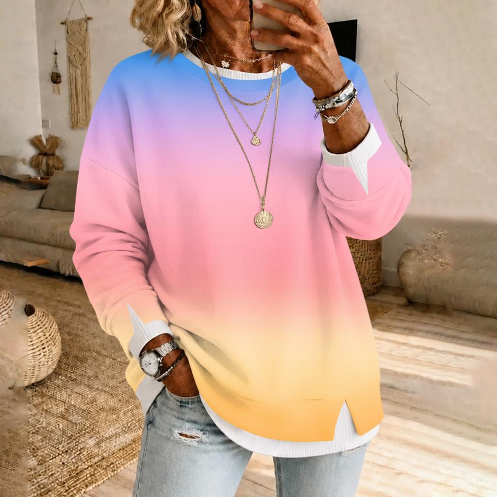 Women's Casual Two-Piece Gradient Print Long Sleeve Neck Pullover Top