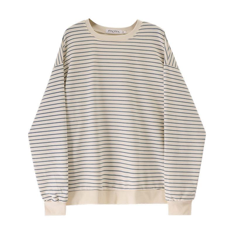 

Women s Spring and Autumn New Korean Loose Design Striped Top Round Neck Pullover Long Sleeve T-shirt One size