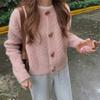 2023 Women's Japanese-Style Horn Button Short Chunky Knit Cardigan - Solid Color, Round Neck for Spring & Autumn