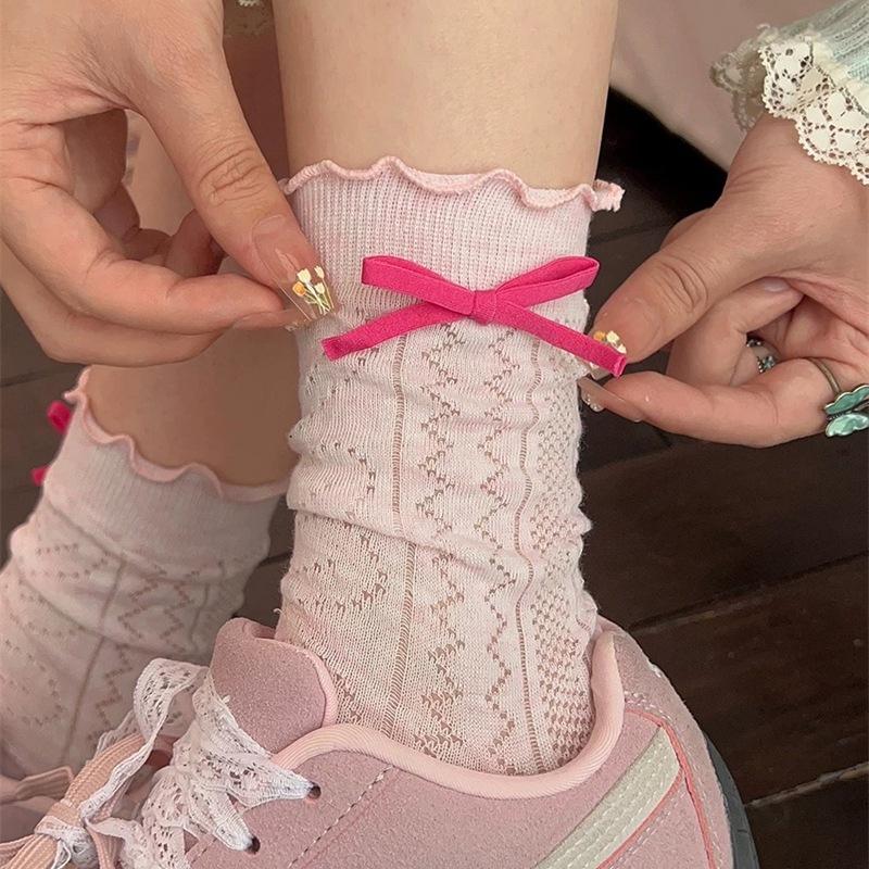Ballet Bow Socks Summer Thin Fungus Edge Stacking Socks Breathable Hollow Mesh Lolita Medium Tube Socks