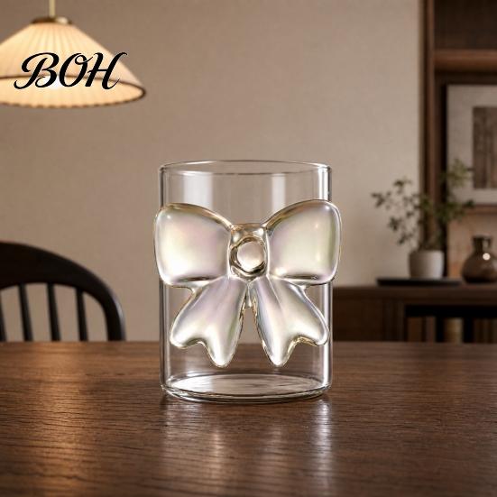 Durable Glass Tea Cup Bow Cup, Breakfast Milk Coffee Mug, 300ml Whiskey Tumbler for Large Capacity Juice, Heat Resistant Home Bar Decor Gift Women