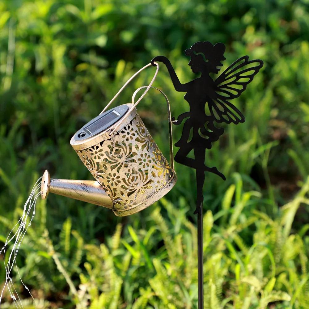 Solar-Powered Iron Art Flower Fairy Lawn Lamp Outdoor Waterproof Garden Kettle Hollow Rojection Light for Decorative Outdoor Use