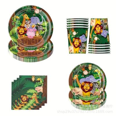 Dschungeltier-Set Partyzubehör Einwegbesteck Pappteller Papierbecher Servietten Jungen Mädchen Geburtstagskuchen