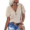 Women's Casual Fashion Zipper V-neck Solid Color Short Sleeve Top