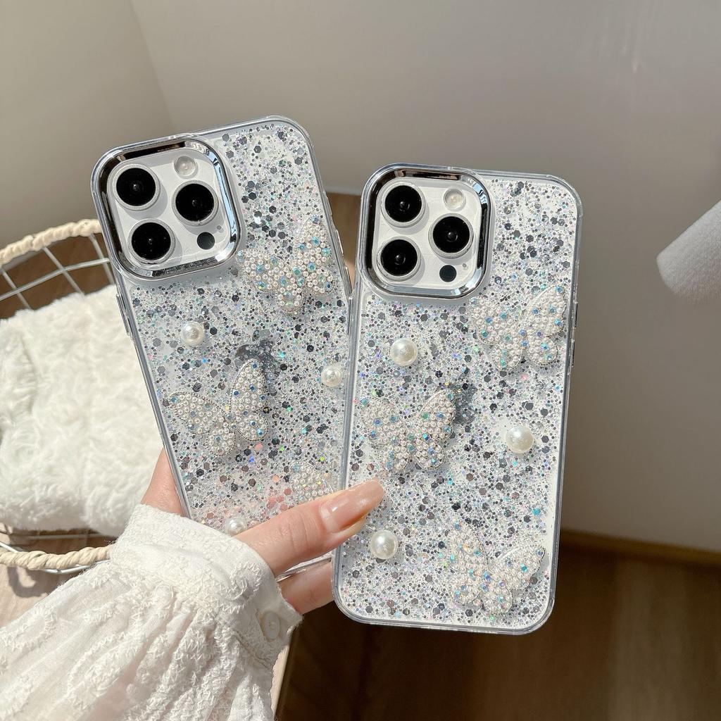 Suitable for IPhone16E Phone Cases, Starry Sky Resin, Apple 15promax, and 3D Pearl Butterfly 14