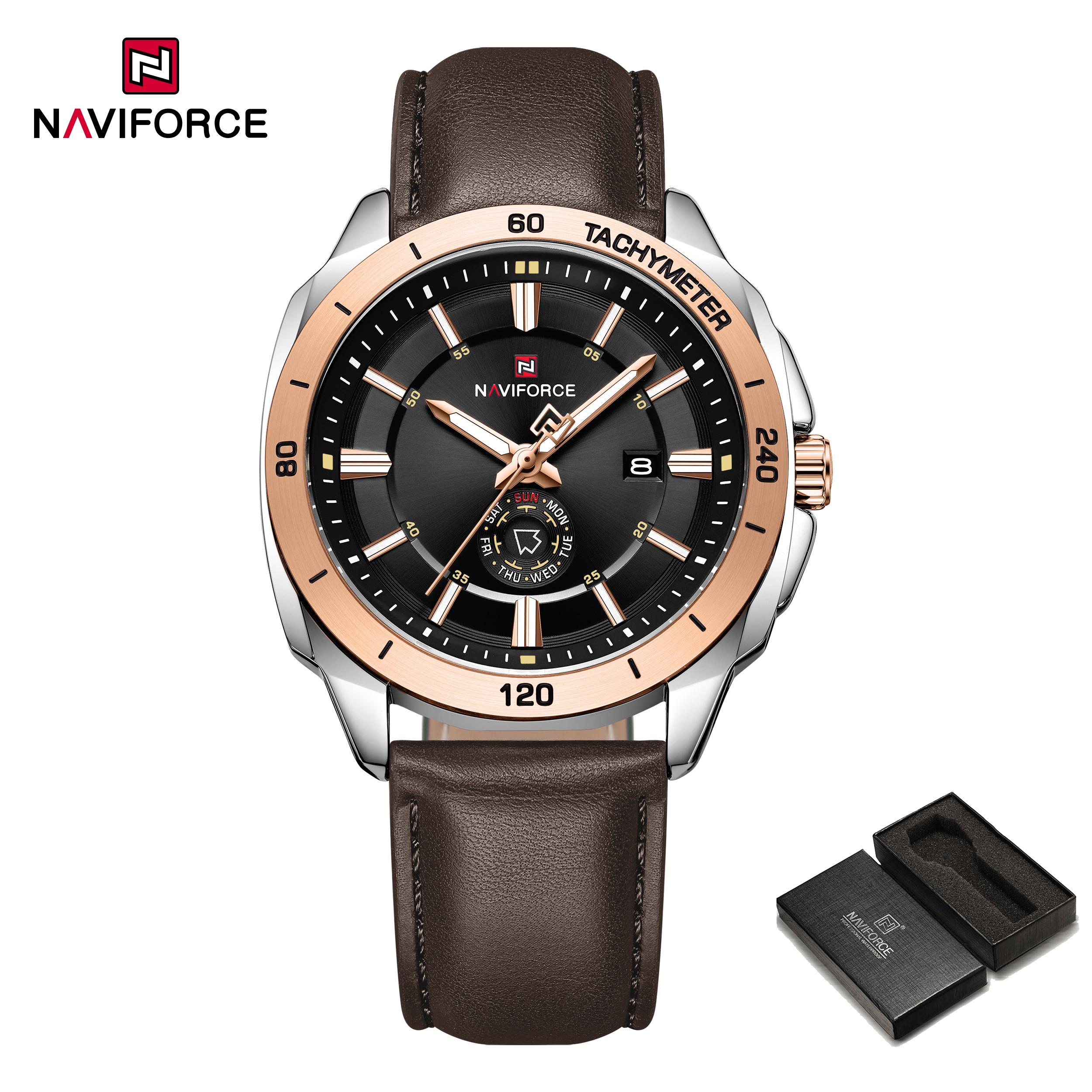 

Naviforce Оригінальний чоловічий бізнес-годинник Шкіряний ремінець Водонепроникність 30м Кварцовий механізм Календар Світлові стрілки Круглий корпус Чоловічий годинник NF9269 рожевий колір золота/коричневий