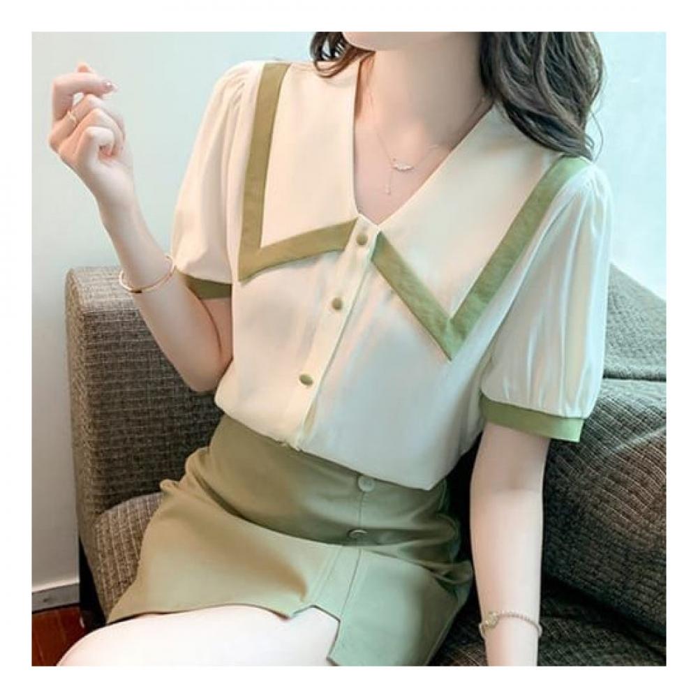 Navava Women Color Block Big Collar Short Sleeve Blouse Nb1976