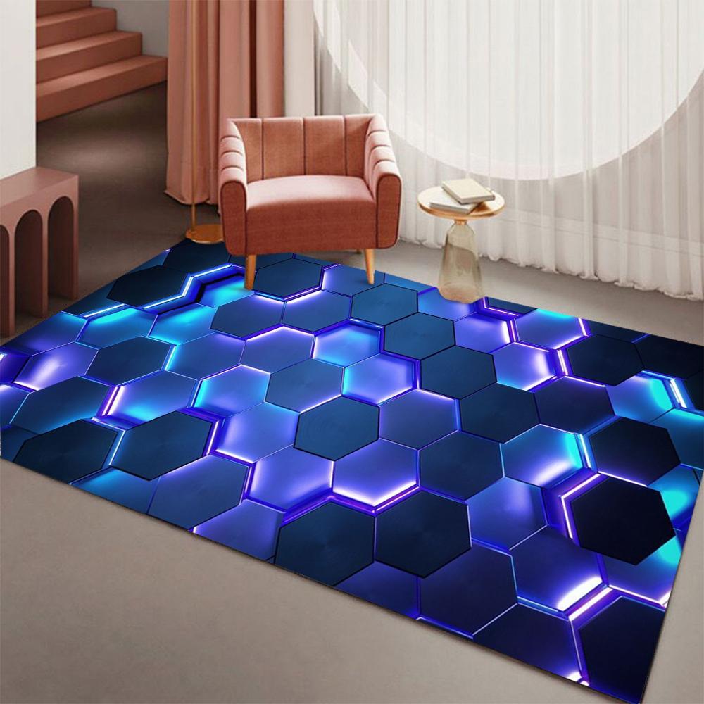 Sechseck Gamer Teppichmatte Neonlichtmuster PC Gaming Teppich Rutschfeste Bodenmatte für Schlafzimmer Büro Heimdekor Indoor Teppich