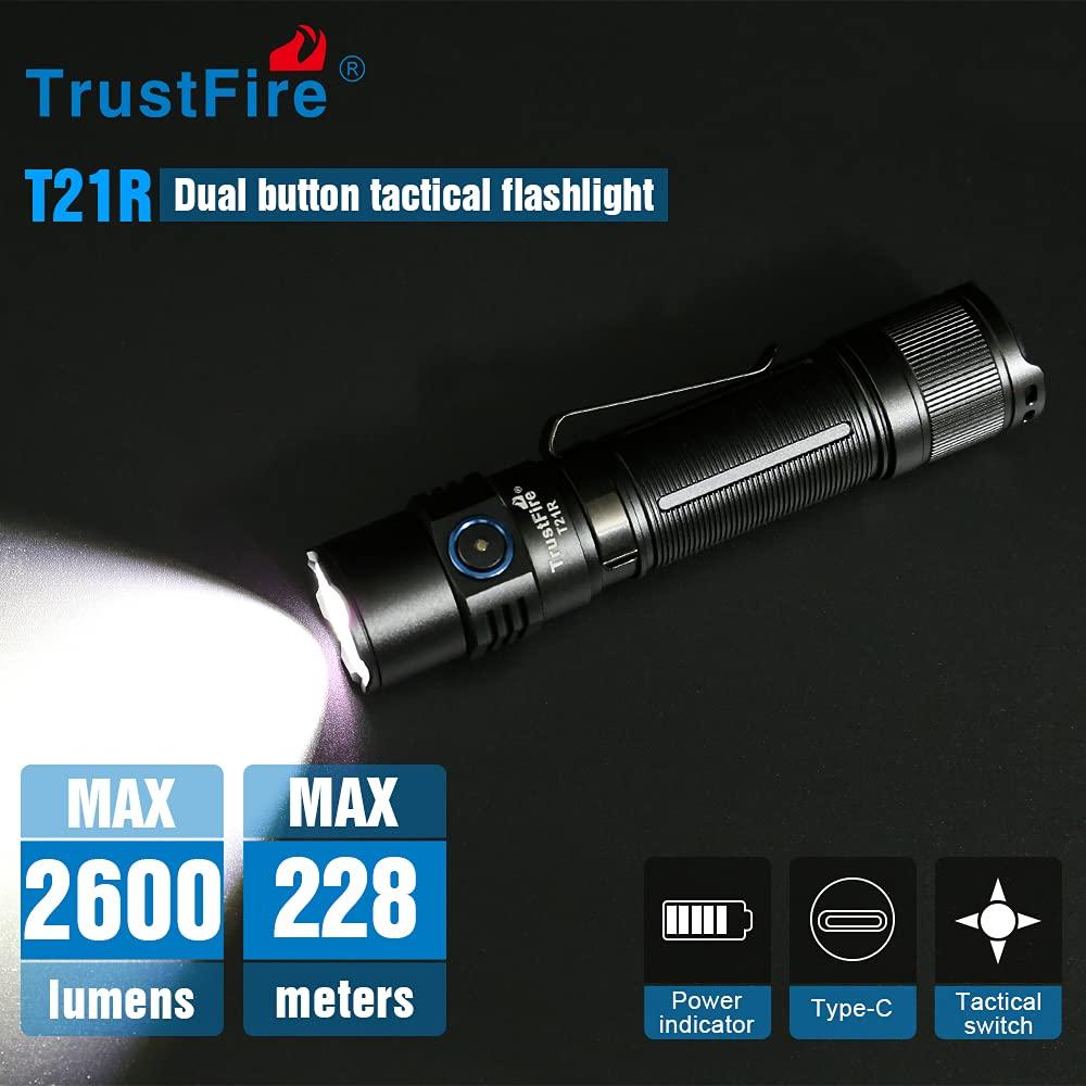 Trustfire T21R Rechargeable LED Military 2600 USB 5 Dimmable IPX8 Battery Level Aluminum Alloy Ideal for Night Nighttime Power Disaster and Evacuation