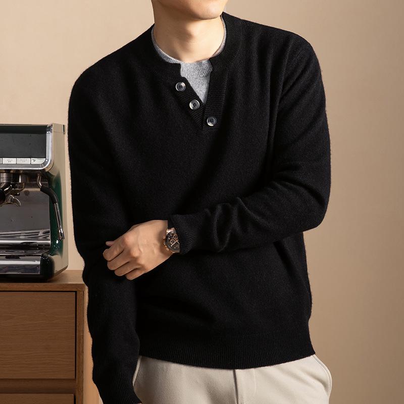 Men's Cashmere-Blend Thick Knit Sweater - Round Neck, Relaxed Fit, Faux Two-Piece, Casual Style
