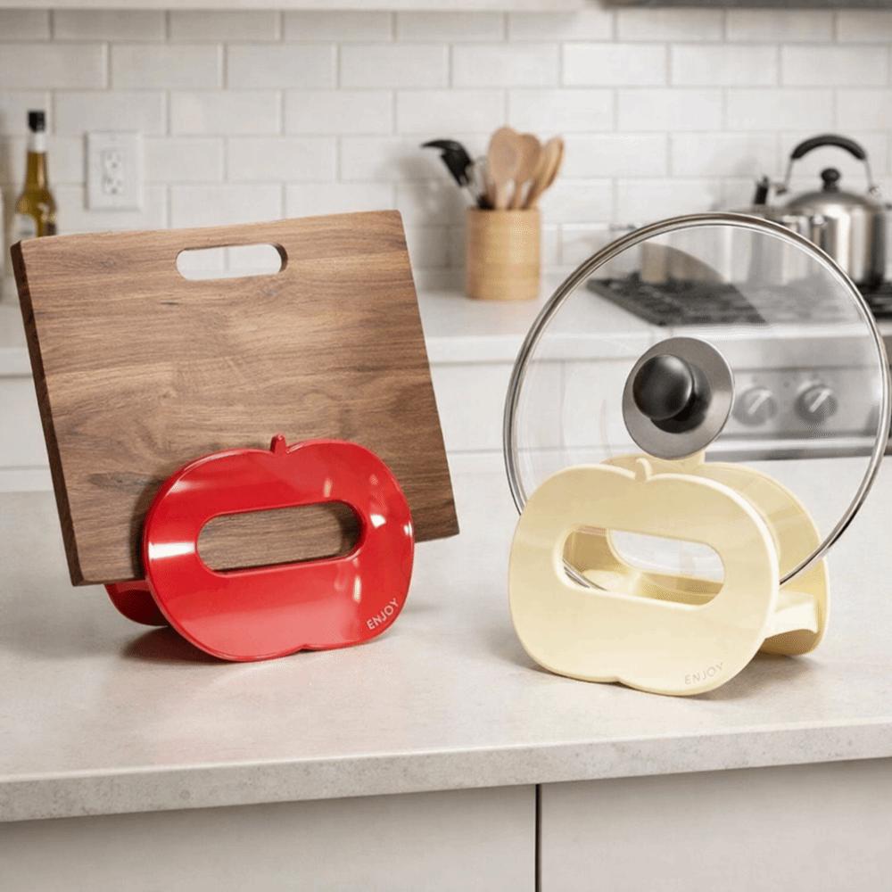 Plastic Pot Lid Storage Rack Fruit Shape Drainage Chopping Board Rack Space Saving Cream Color Cutting Board Holder for Home