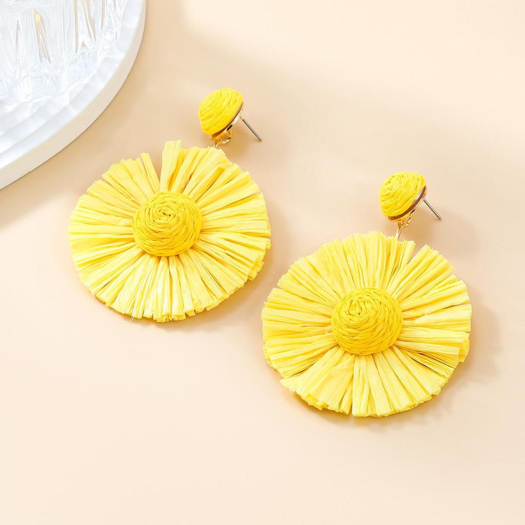 Bohemian Round Floral Woven Raffia Earrings for Women