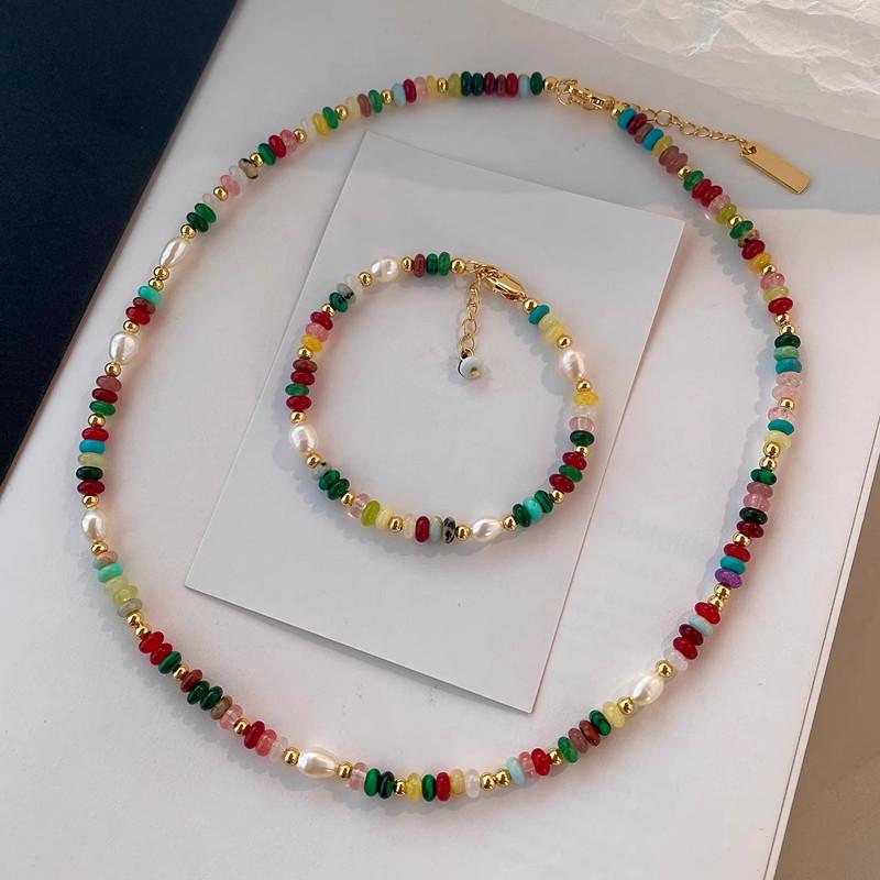 Colorful Mixed-Color Beaded Necklace: Natural Stone, Freshwater Pearl, Rice Grain Choker for Women
