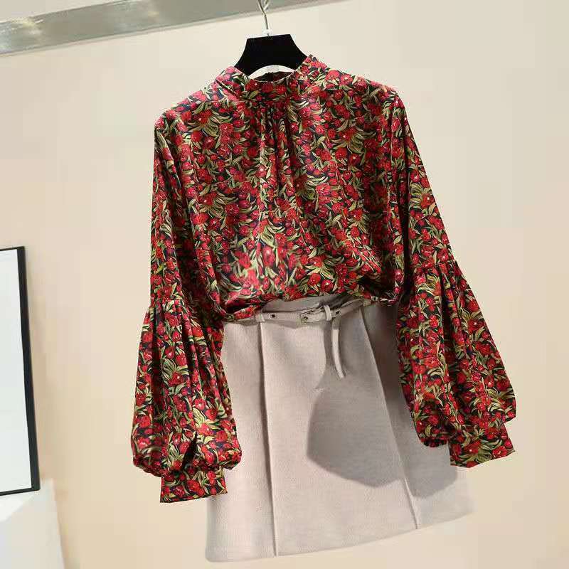 Lucerna rukávy Šifonová košile Jarní novinka Retro Fragmentovaná květinová společenská halenka Dámské tričko s dlouhým rukávem ve stoje