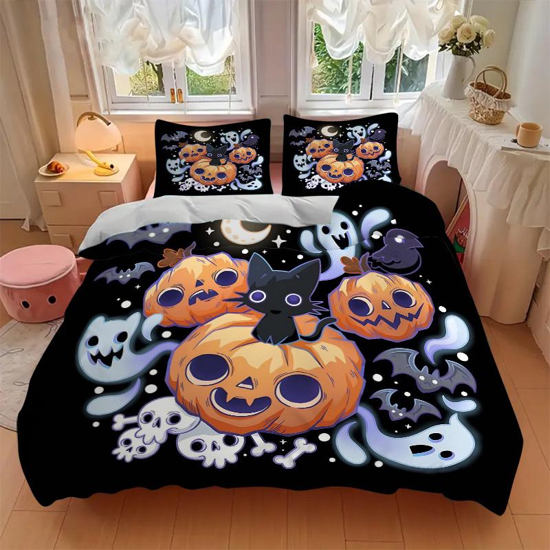 3pcs Halloween Theme Cat & Pumpkin Bedding Set - Includes 1 Quilt Cover and 2 Pillowcases, Comfortable Bedding with Stylish Design for Bedro