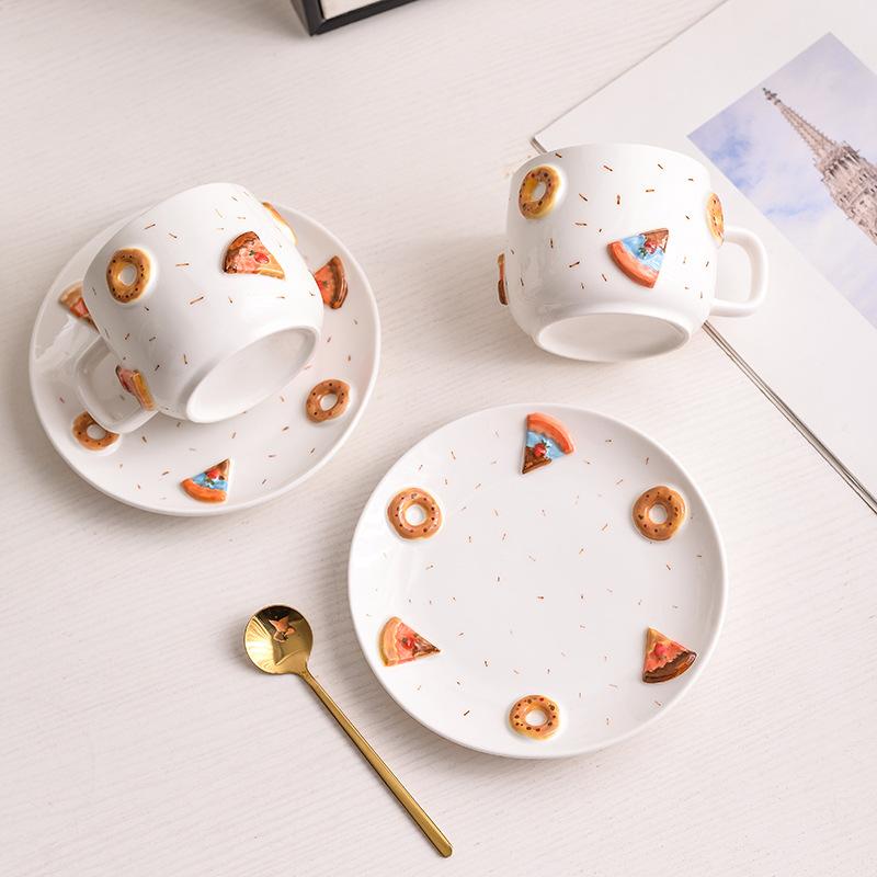 European Ceramic Coffee Cup Saucer Creative Donut Mug Exquisite Afternoon Tea Flower Tea Coffee Cup Breakfast Mug Birthday Gift