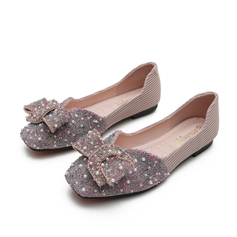 Spring new pearl rhinestone square head single shoes soft sole casual large size to