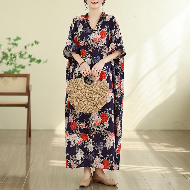 DIMANAF New 2026 Women Plus Size Summer Beach Long Dress Cotton Loose Oversize Casual Lady Maxi Vintage Print Sundress