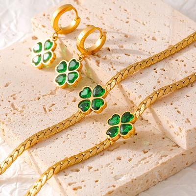 New Jewelry Four-Leaf Flower Love Glass Stone Set Stainless Steel Earrings Necklace Bracelet Three-Piece Set