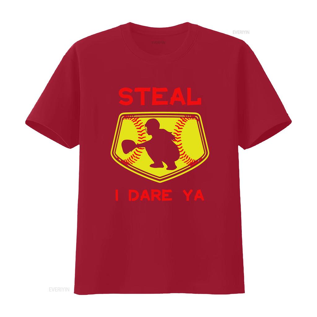 Steal I Dare Ya Softball Catcher T Shirt Funny For Players Bas vintage Washed Top For Everyday Wear homme graphic